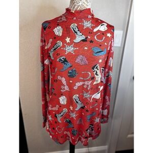 Southern Stitch Brick Red Mesh Mock Neck Top Western Print M Cowboy Rodeo Boots